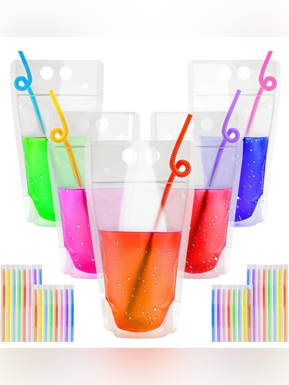 20 Reusable Clear Party Drink Pouches with Assorted Colored Cups and Straws17 oz